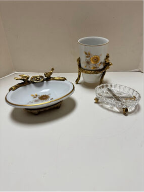 Lefton China White and Gold Bird Bath Vanity Hollywood Regency- 3 pc Set